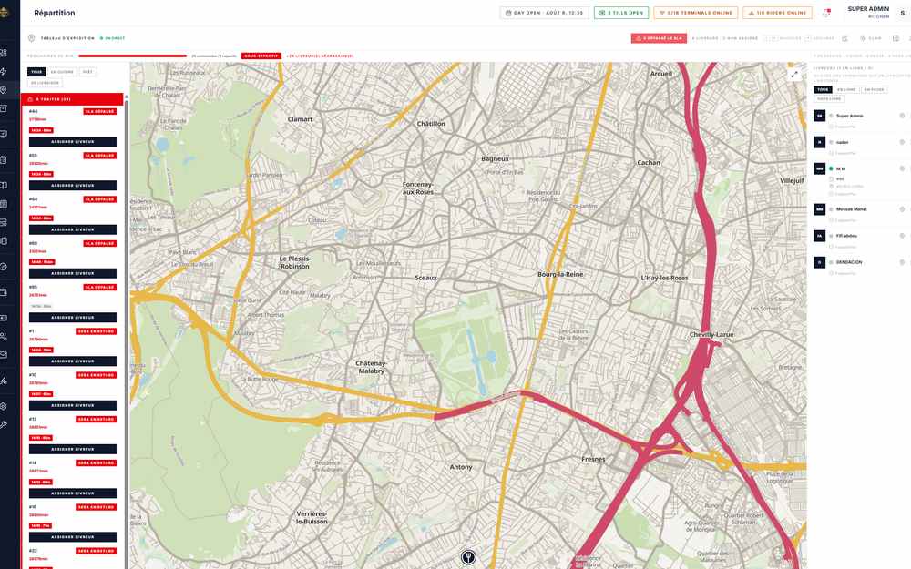 Le tableau de répartition avec les livreurs sur une carte